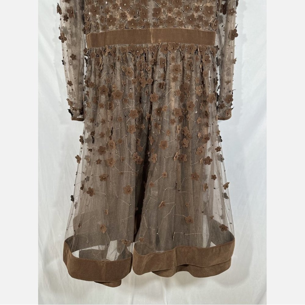 NWT Mac Duggal [ 10 ] Floral High Neck Long Sleeve Fit Flare Dress‎ Coffee Brown - Picture 10 of 15